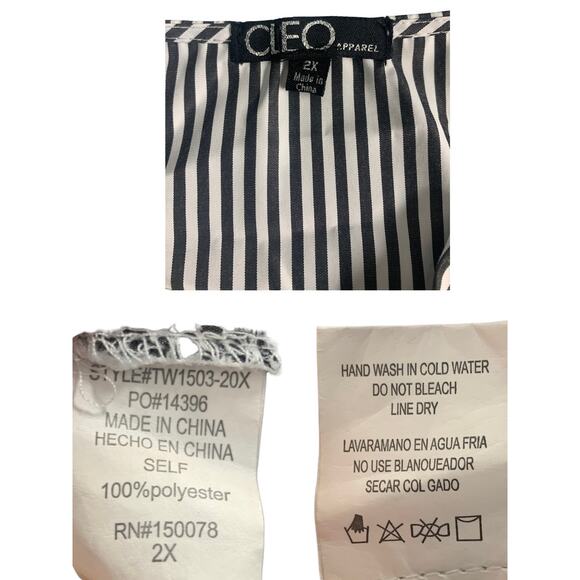 Plus Size Women Ruffle Sleeve V Neck Waist Tie Striped Black/White Blouse‎ 2X - Picture 9 of 9